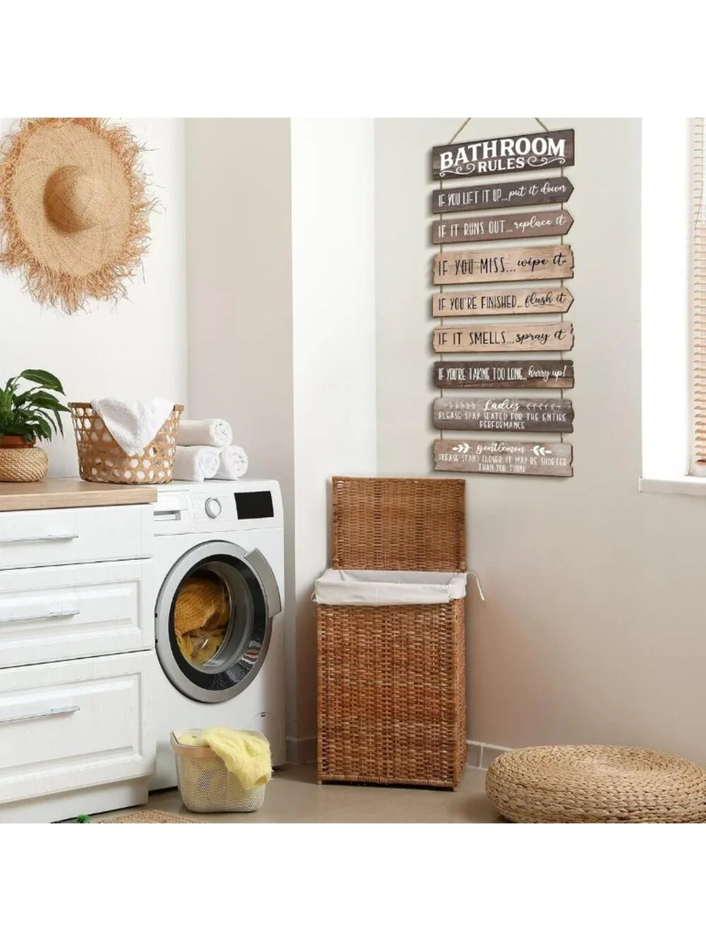 Rustic Funny Bathroom Wall Art - Rules & Signs for Farmhouse Decor, Wooden Decor
